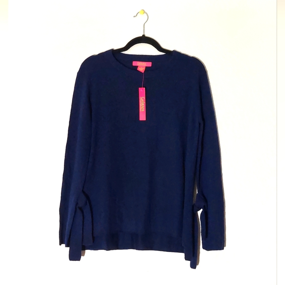 CATHERINE Navy Blue Cashmere Long Sleeve Tie Detail Knit Sweater WM Size S NWT